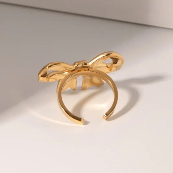 Bow knot adjustable open ring, 18k gold plated, stainless steel - Picture 3 of 5